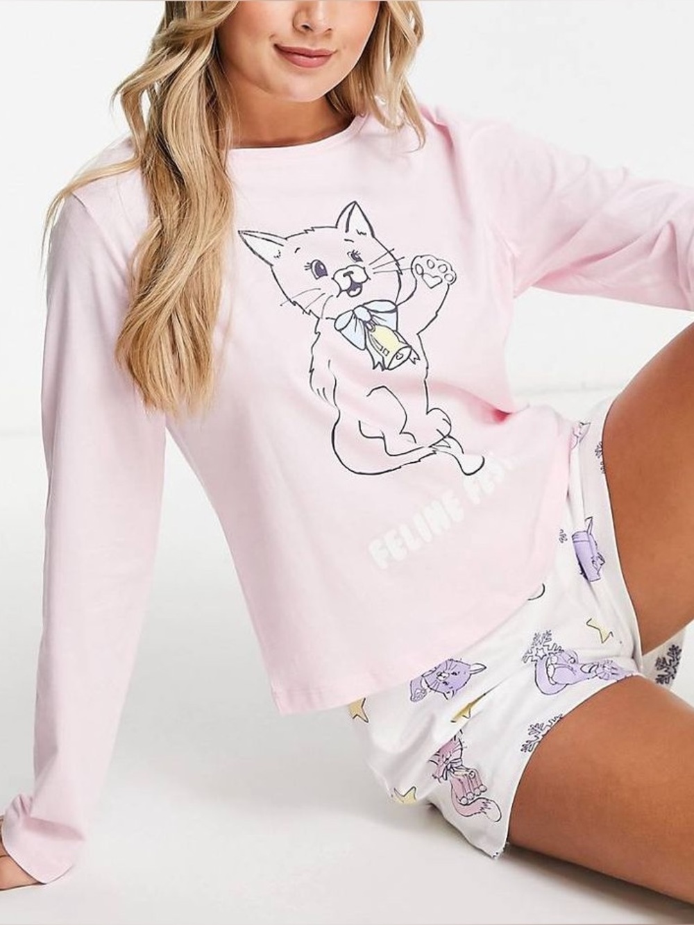 ASOS Design Pink Holiday Cat Feline Festive Long-Sleeve Cotton Tee Shirt